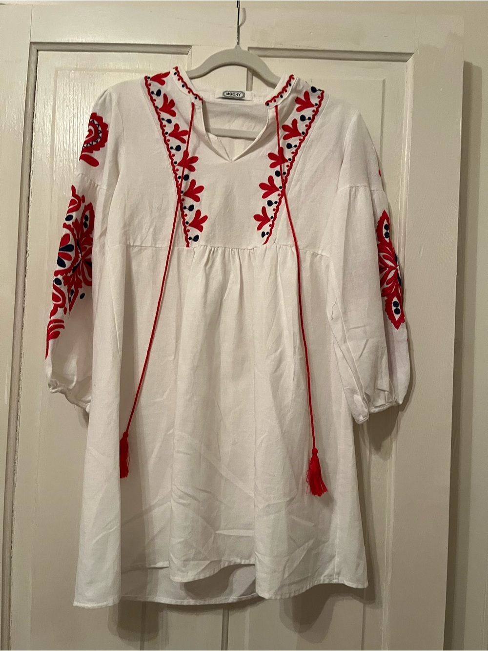 White Embroidered Peasant Dress with Red Accents
